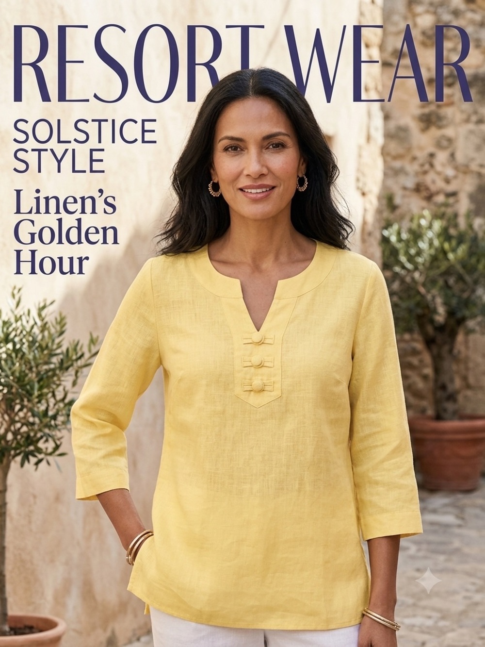CHOICES Yellow Tunic top/side slits SZ L 100% linen w 3 button opening Like New
